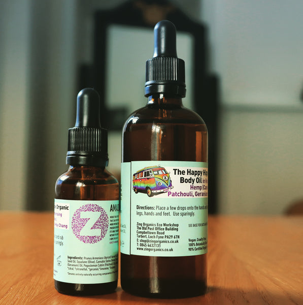The Happy Hippie Organic Body Oil in Harmonising Hemp (Cannabis Flower), Patchouli, Geranium and May Chang